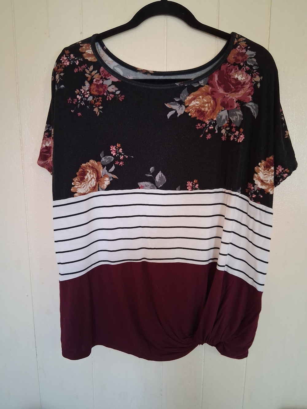 24/7 Black Floral, White Stripe & Burgundy Twist-Hem Tee